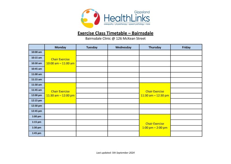 Bairnsdale Class Timetable Sep24